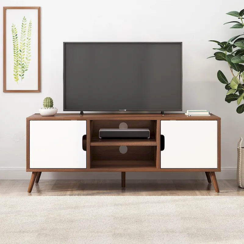 White and Walnut 47.25-Inch TV Stand with 3 Drawers