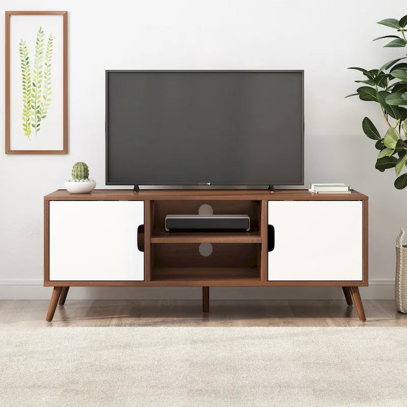 White+Walnut 47.25 TV Stand with Splayed Legs & 3 Staggered Drawers for 40 TVs