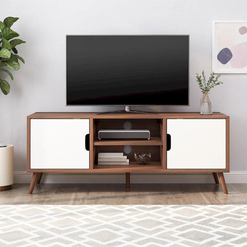 White and Walnut 47.25-Inch TV Stand with 3 Drawers