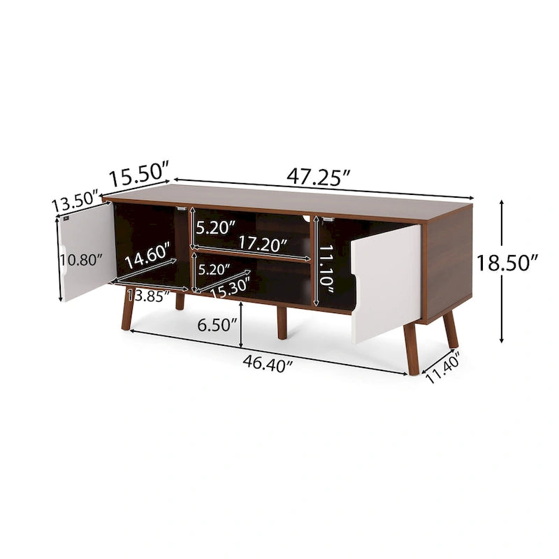White and Walnut 47.25-Inch TV Stand with 3 Drawers