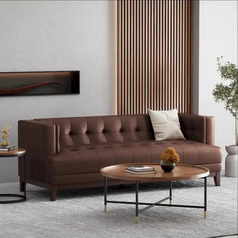 Dark Brown Button-Tufted 3-Seater Sofa with Wood Frame