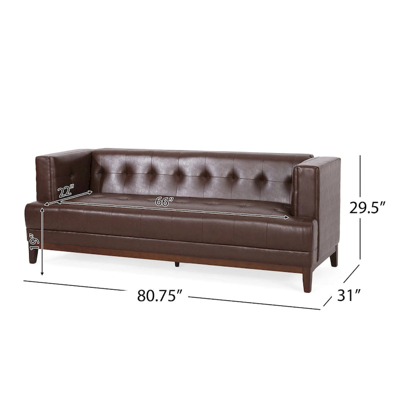 Dark Brown Button-Tufted 3-Seater Sofa with Wood Frame