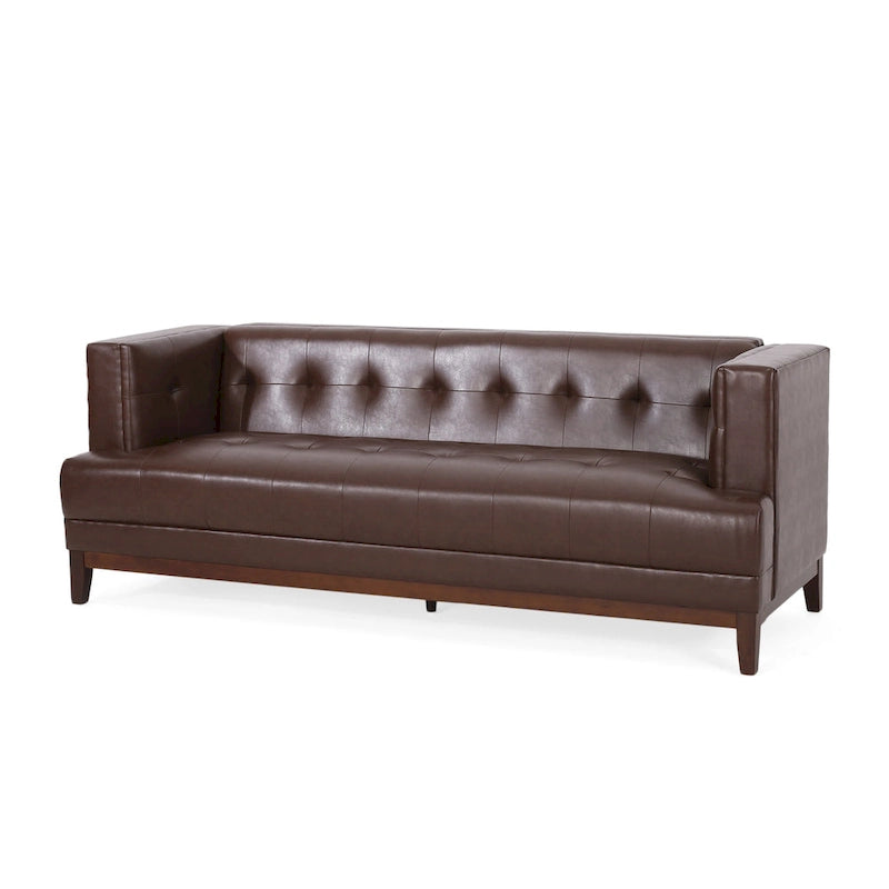 Dark Brown Button-Tufted 3-Seater Sofa with Wood Frame