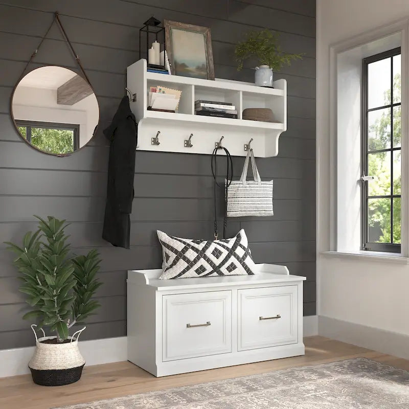 40-Inch Shoe Storage Bench with Doors and Wall Coat Rack