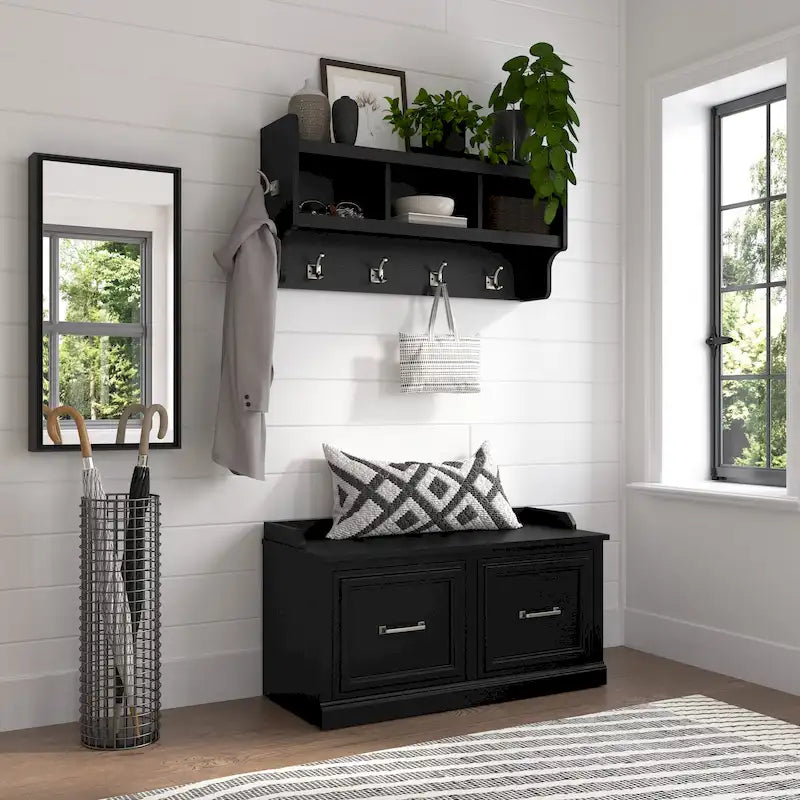 40-Inch Shoe Storage Bench with Doors and Wall Coat Rack