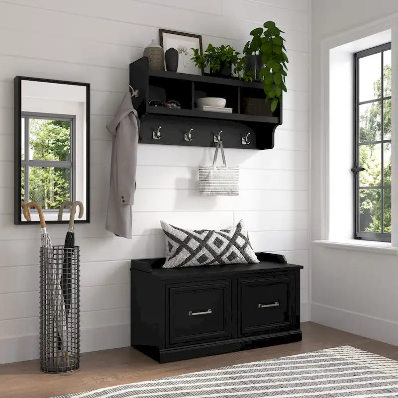 40-Inch Shoe Storage Bench with Doors and Wall Coat Rack