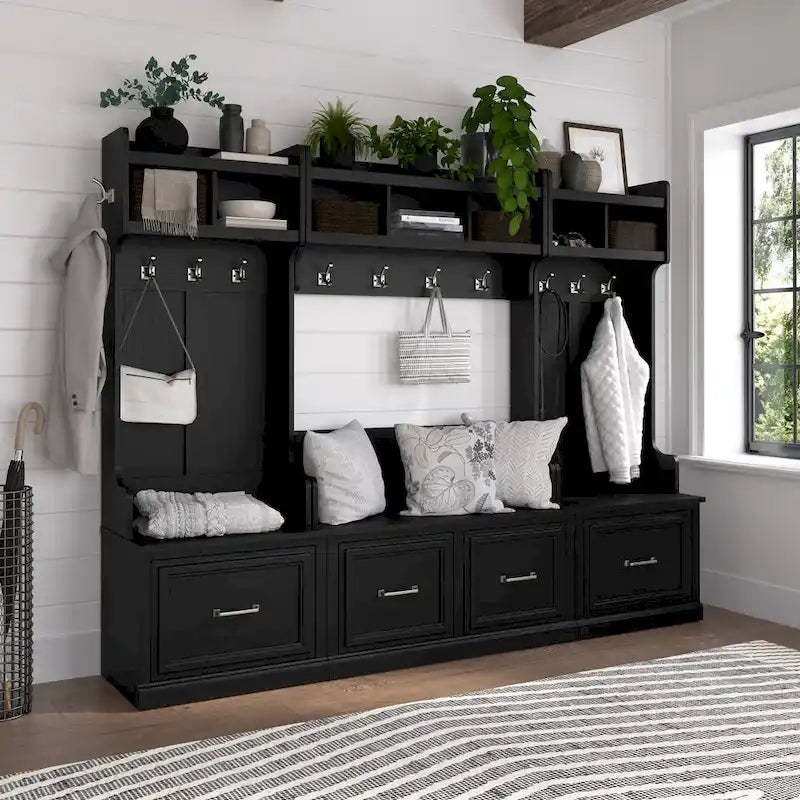 40-Inch Shoe Storage Bench with Doors and Wall Coat Rack