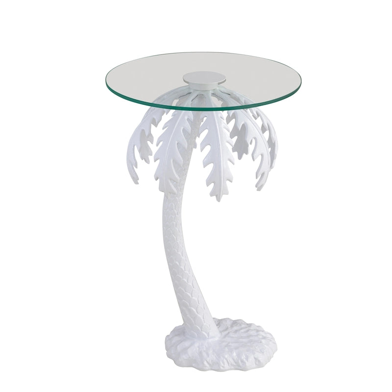 White Palm Tree Metal Side Table with Glass Top, 24.75-Inch