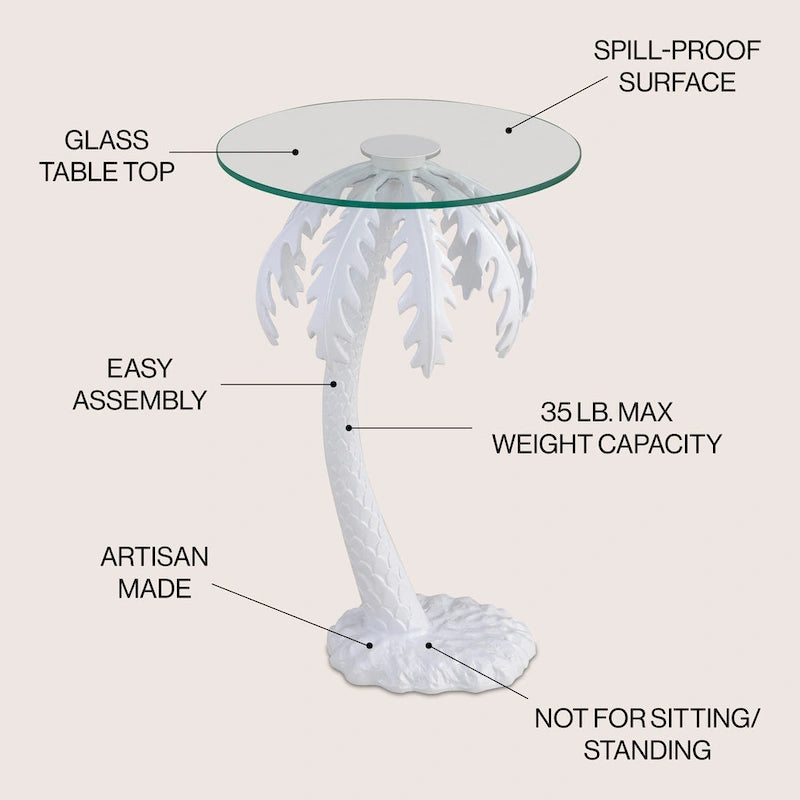 White Palm Tree Metal Side Table with Glass Top, 24.75-Inch