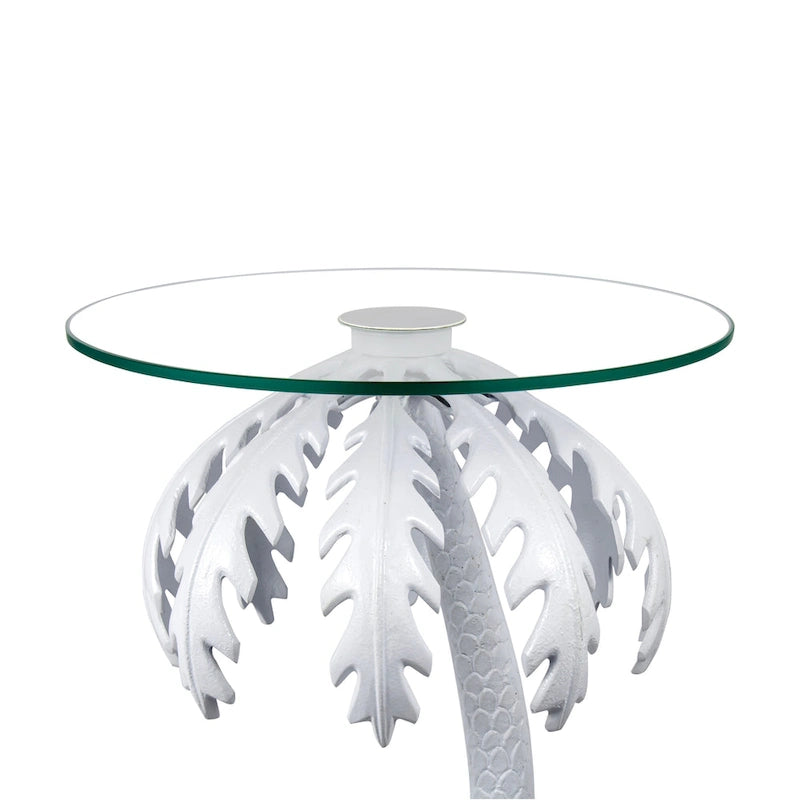 White Palm Tree Metal Side Table with Glass Top, 24.75-Inch
