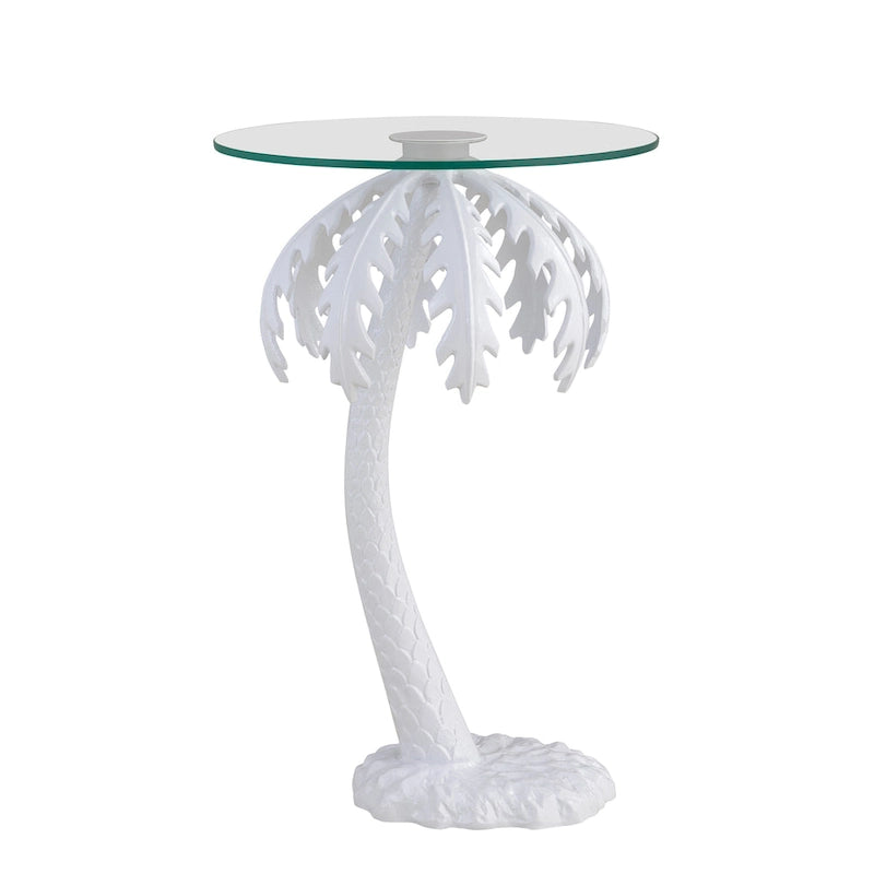 White Palm Tree Metal Side Table with Glass Top, 24.75-Inch