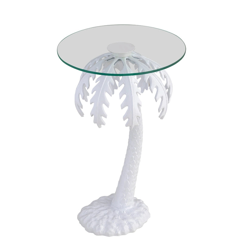 White Palm Tree Metal Side Table with Glass Top, 24.75-Inch