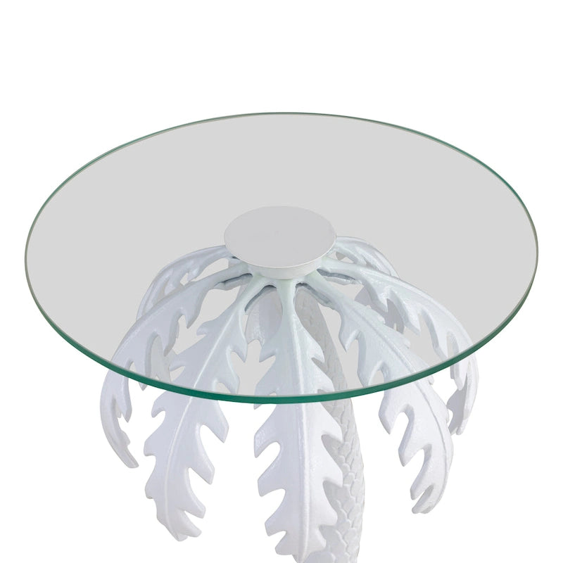 White Palm Tree Metal Side Table with Glass Top, 24.75-Inch