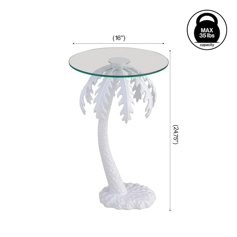 White Palm Tree Metal Side Table with Glass Top, 24.75-Inch