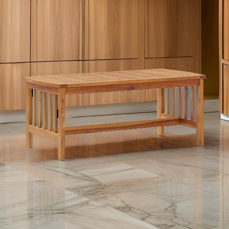 Mia Coffee Table, Brown Acacia Wood, Slatted Rectangular 40 Inch