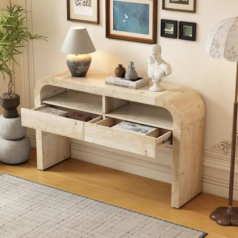 Natural Wood Wash Console Table with Storage