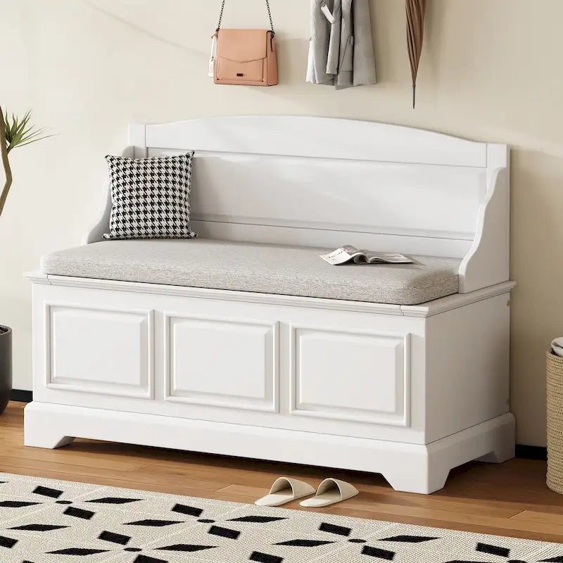 Vintage Wooden Shoe Storage Bench with Linen Cushion