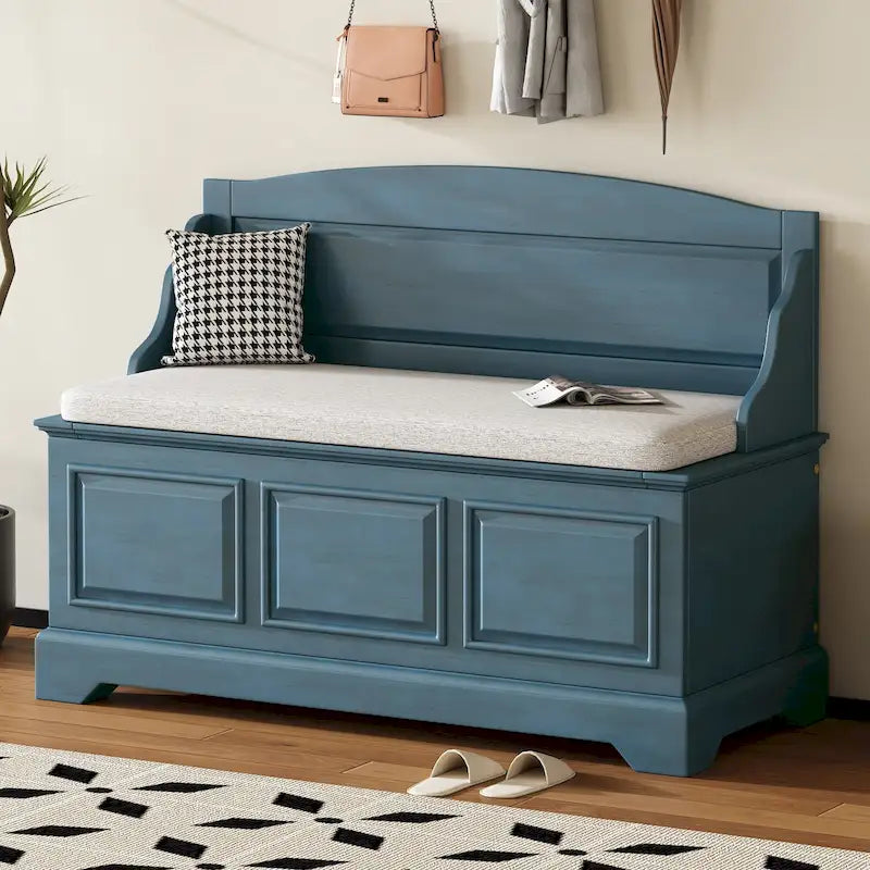 Vintage Wooden Shoe Storage Bench with Linen Cushion