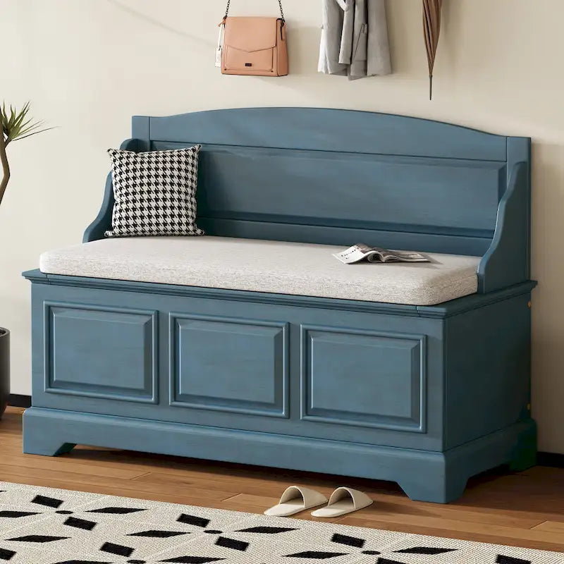 Vintage Wooden Shoe Storage Bench with Linen Cushion