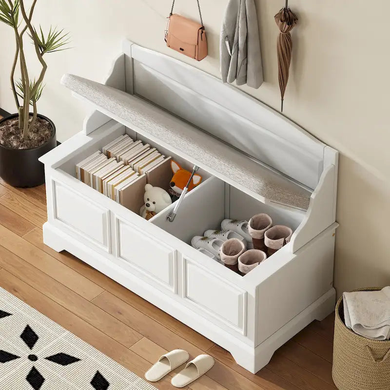 Vintage Wooden Shoe Storage Bench with Linen Cushion