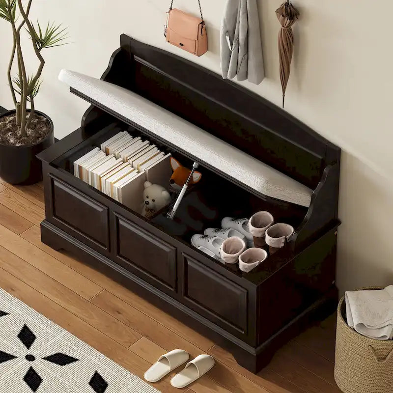 Vintage Wooden Shoe Storage Bench with Linen Cushion
