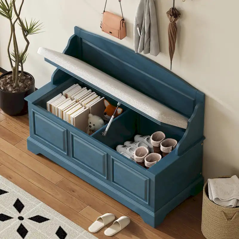 Vintage Wooden Shoe Storage Bench with Linen Cushion