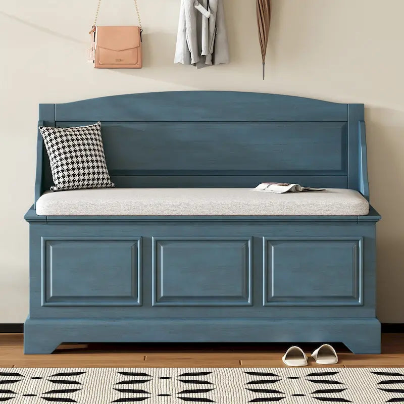 Vintage Wooden Shoe Storage Bench with Linen Cushion