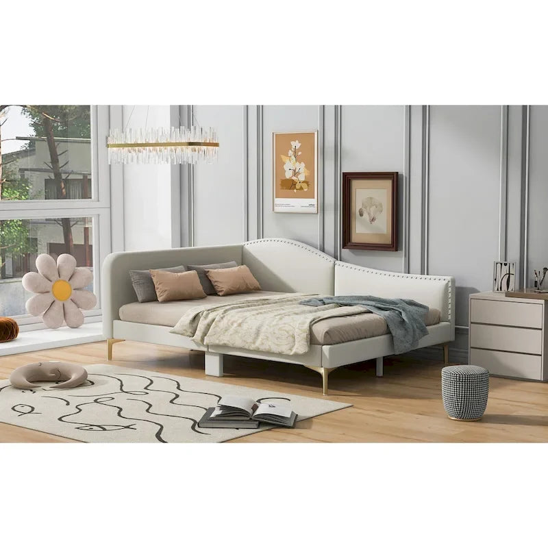 Linen Upholstered Daybed with Backrest and Armrest