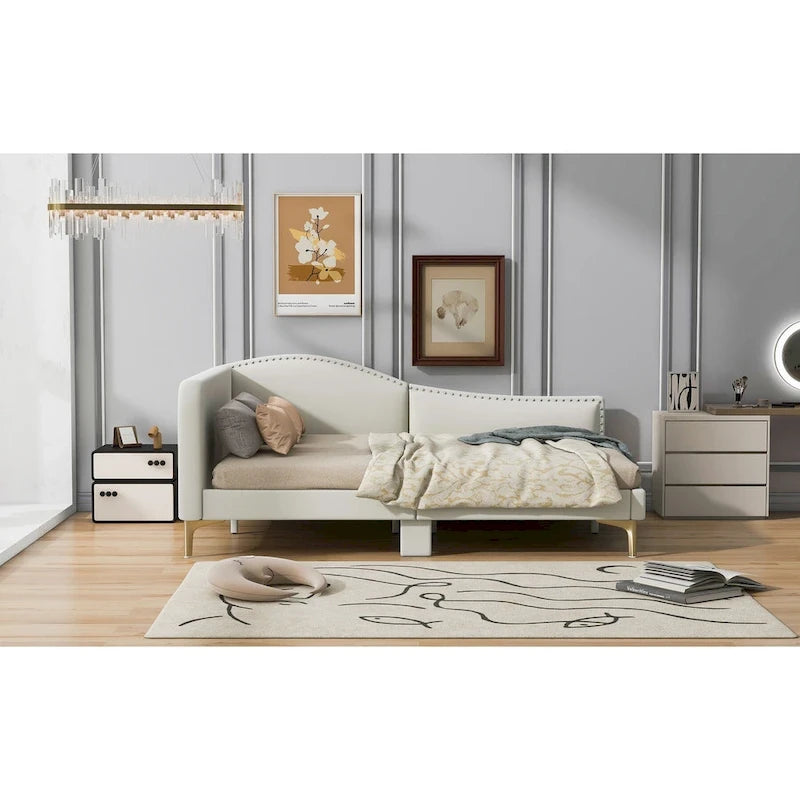 Linen Upholstered Daybed with Backrest and Armrest