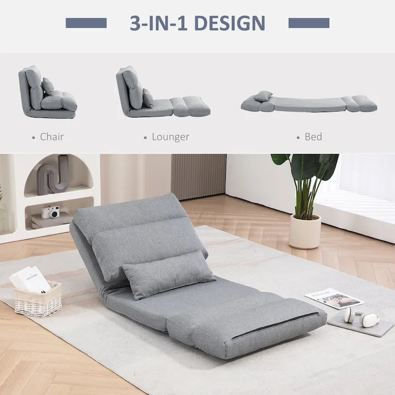 Gray Folding Floor Lounge Chair with Pillow
