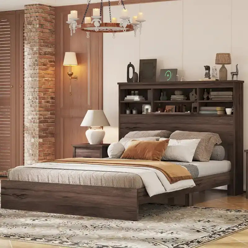 Queen Platform Bed with Storage Headboard and USB Ports