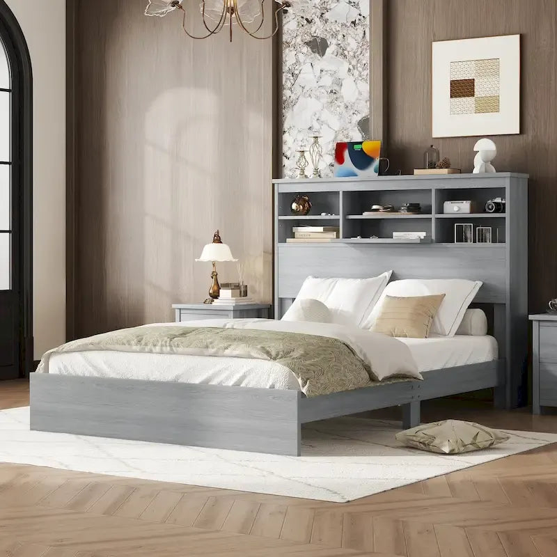 Queen Platform Bed with Storage Headboard and USB Ports