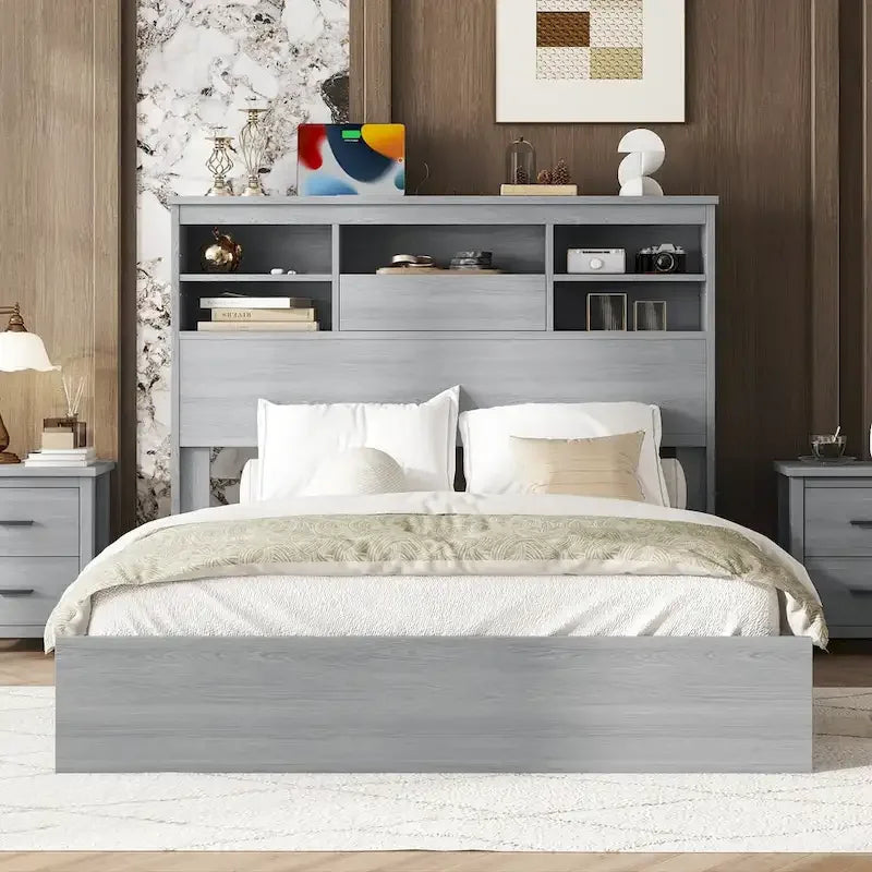 Queen Platform Bed with Storage Headboard and USB Ports