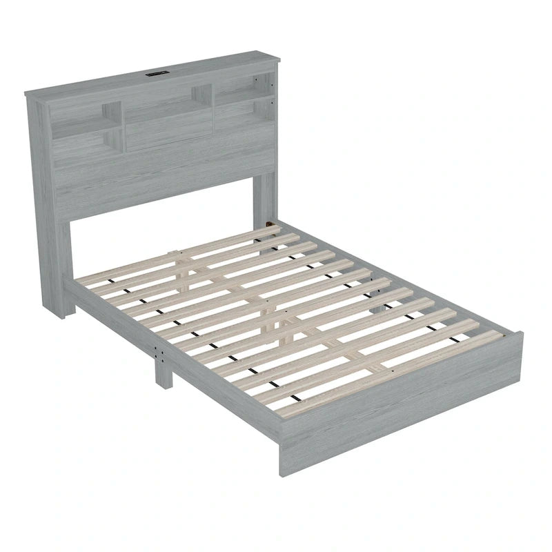 Queen Platform Bed with Storage Headboard and USB Ports