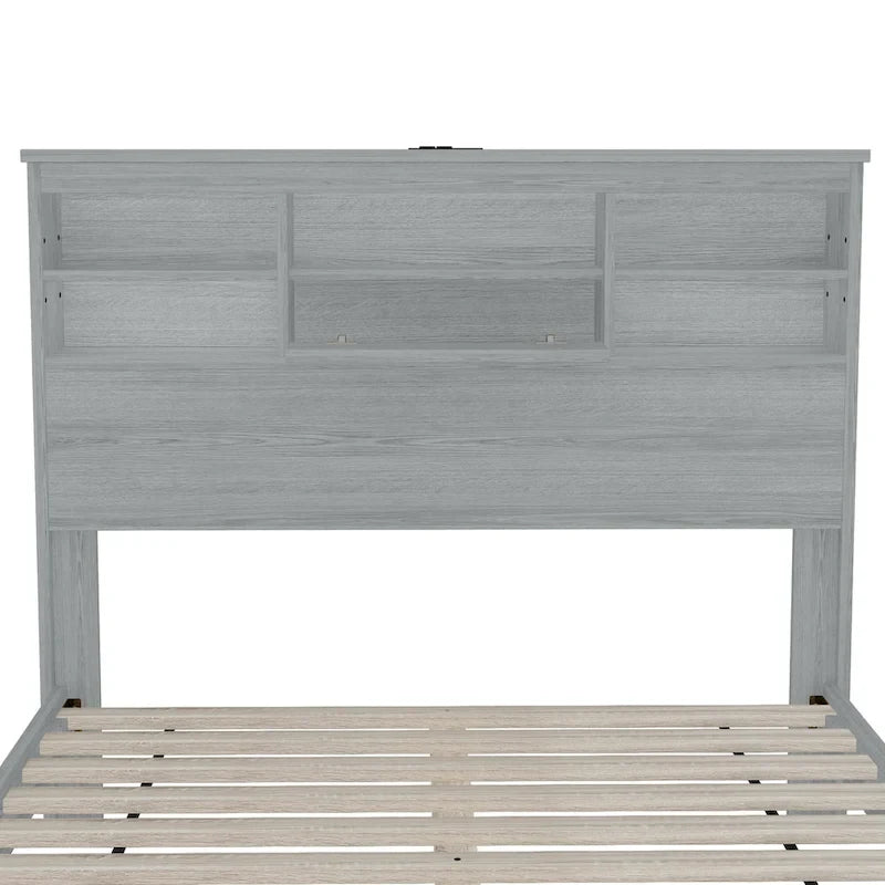Queen Platform Bed with Storage Headboard and USB Ports