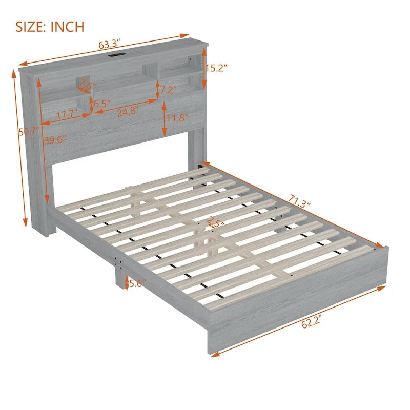 Queen Platform Bed with Storage Headboard and USB Ports