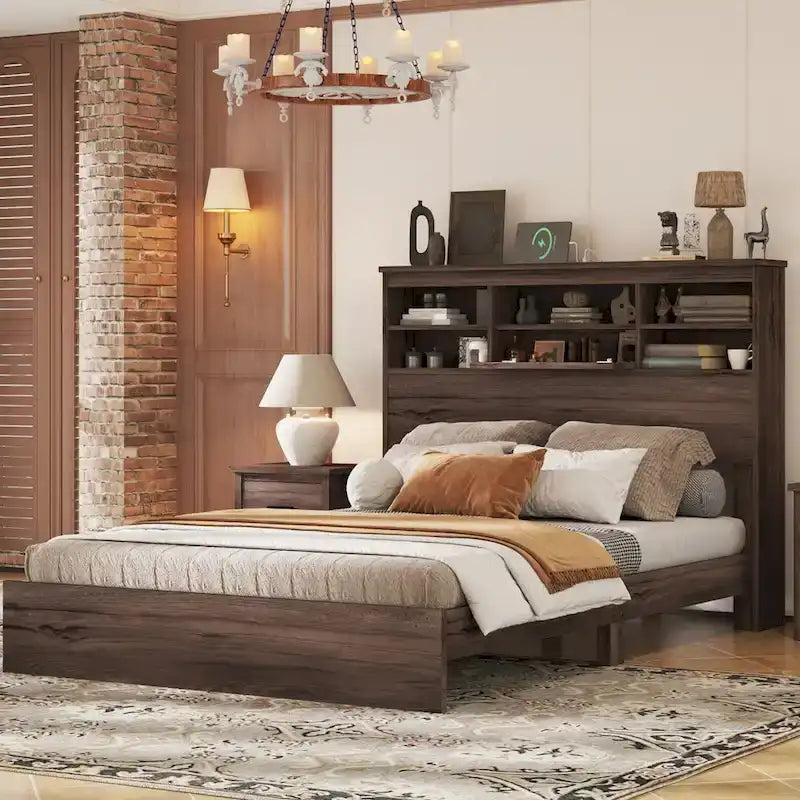 Queen Platform Bed with Storage Headboard and USB Ports