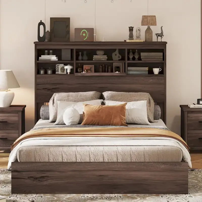 Queen Platform Bed with Storage Headboard and USB Ports