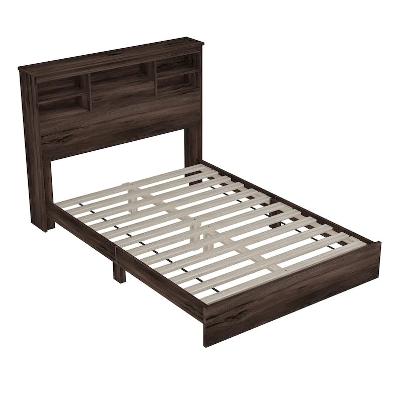 Queen Platform Bed with Storage Headboard and USB Ports
