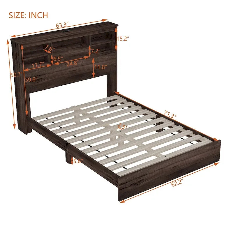 Queen Platform Bed with Storage Headboard and USB Ports