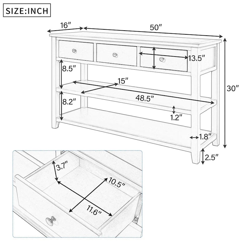 Console Table with 3 Drawers and 2 Open Shelves