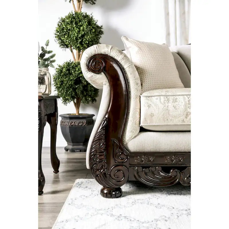 Traditional Chenille Sofa with Ornate Wood Trim