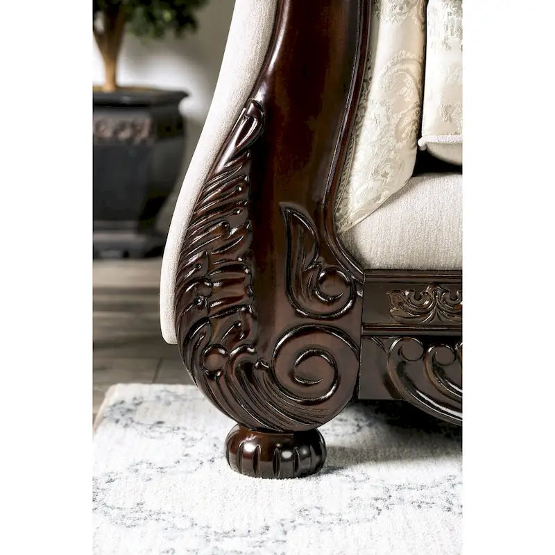 Traditional Chenille Sofa with Ornate Wood Trim