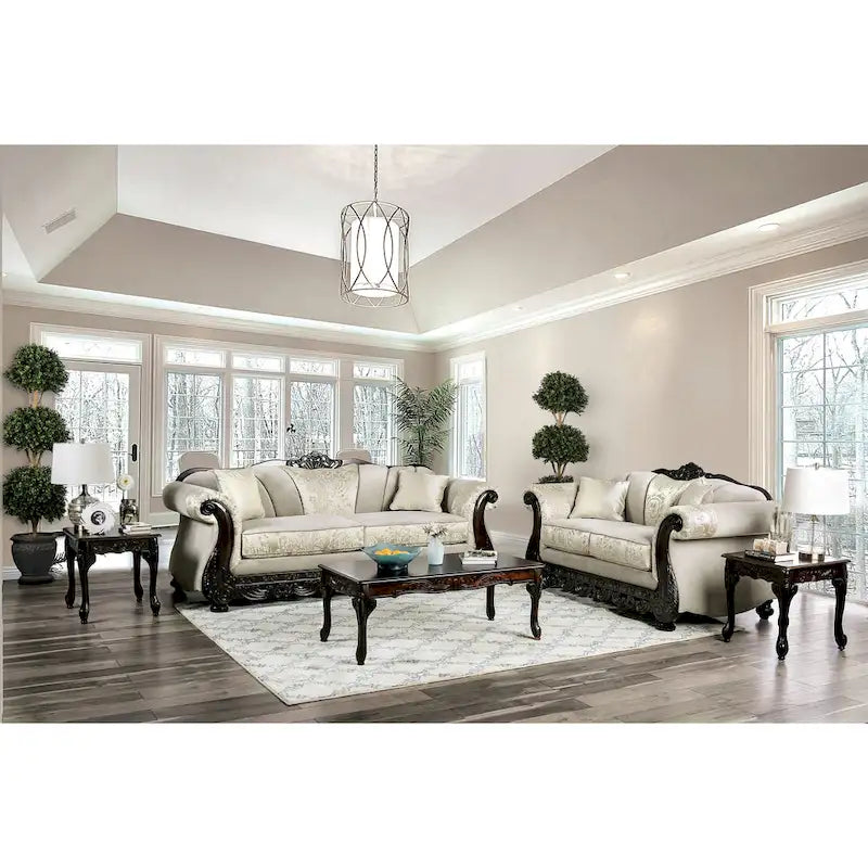Traditional Chenille Sofa with Ornate Wood Trim