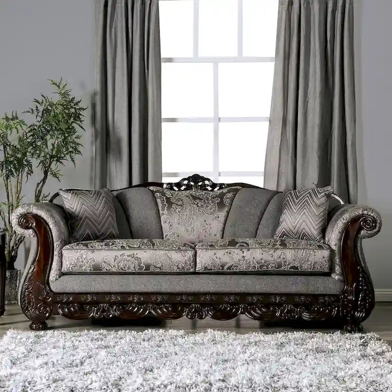 Traditional Chenille Sofa with Ornate Wood Trim