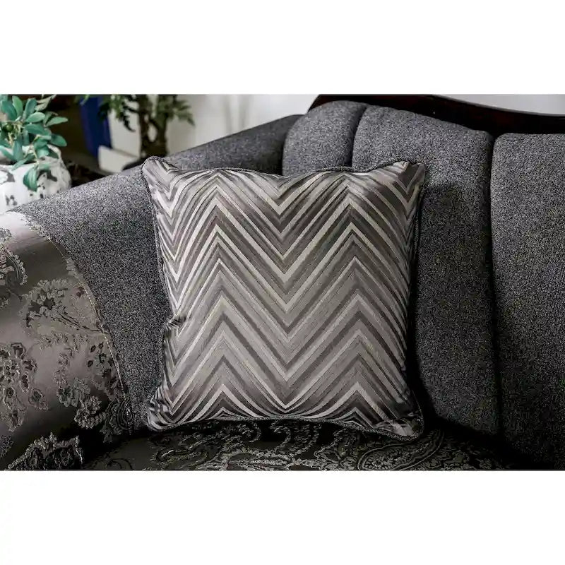 Traditional Chenille Sofa with Ornate Wood Trim