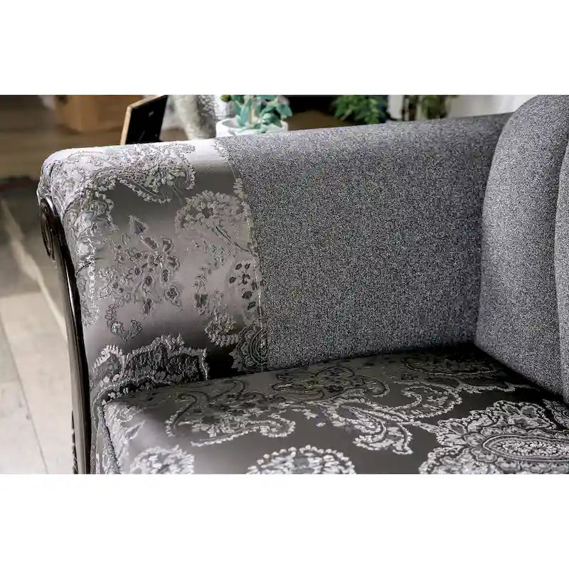 Traditional Chenille Sofa with Ornate Wood Trim