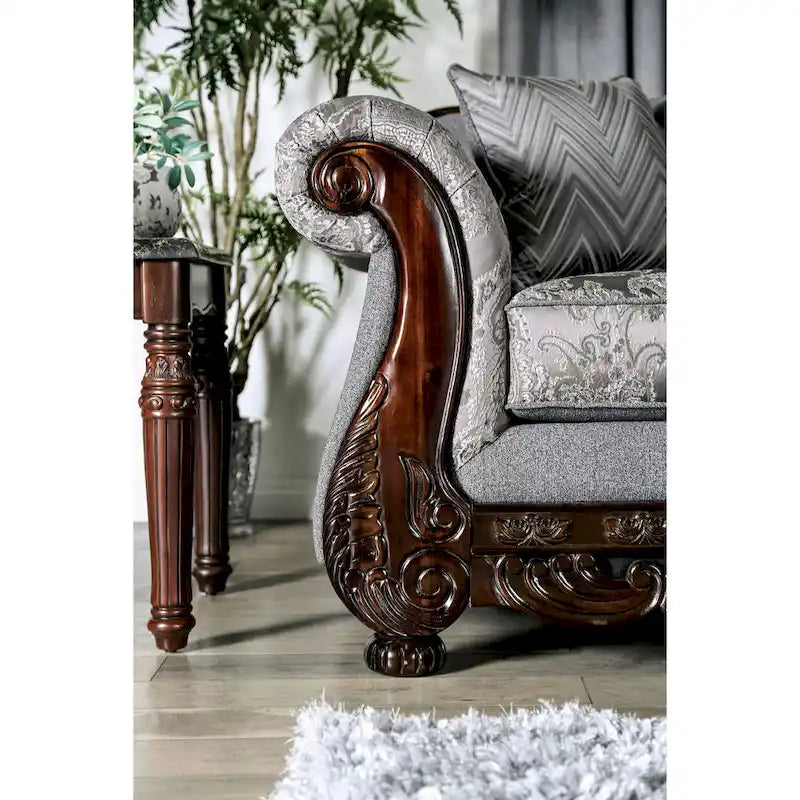 Traditional Chenille Sofa with Ornate Wood Trim