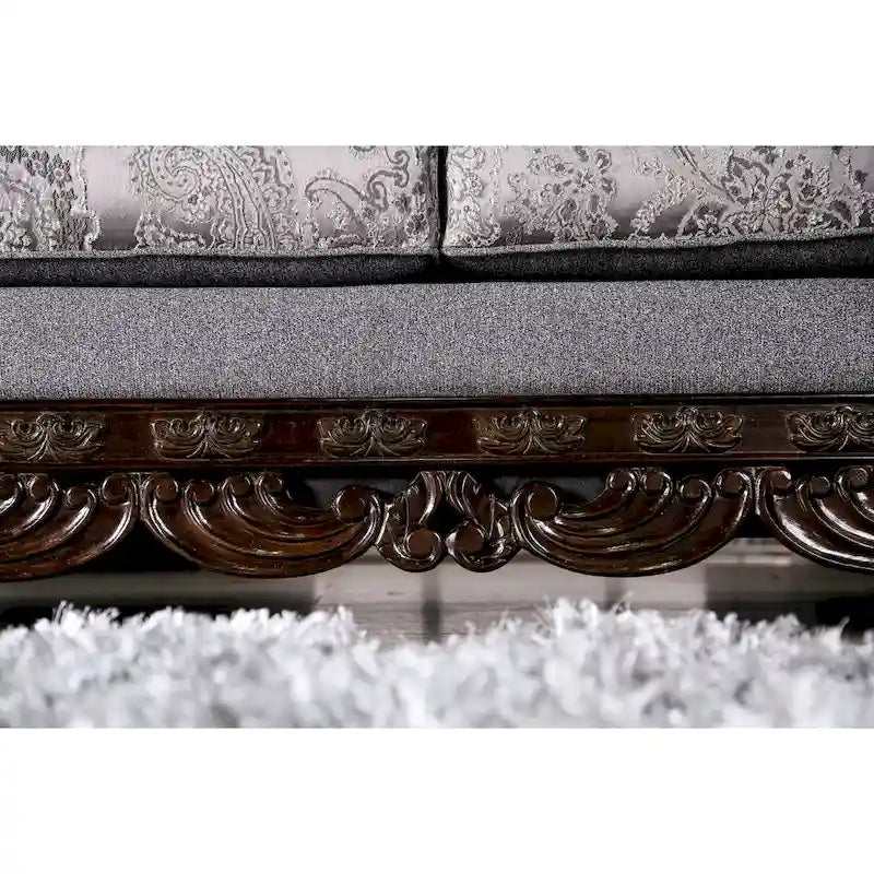 Traditional Chenille Sofa with Ornate Wood Trim