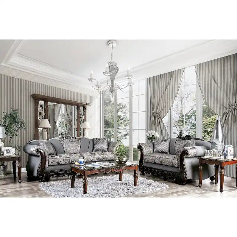 Traditional Chenille Sofa with Ornate Wood Trim